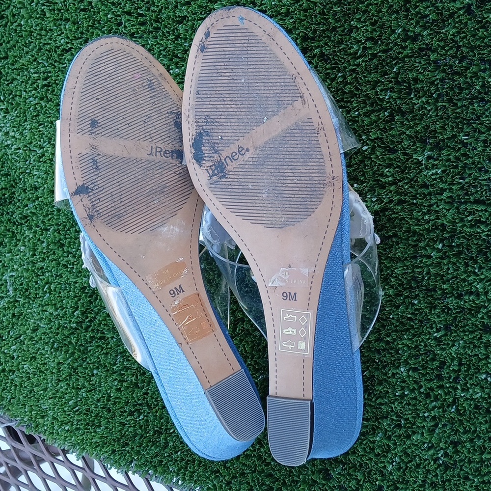 J. Renee Allysen Jeweled Applique Clear Wedge Sandals Chambray Blue Size 9 M - Picture 8 of 9